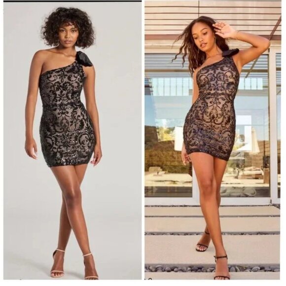 Windsor Allison One-Shoulder Velvet Bow Sequin Mini Dress Size Medium - Picture 2 of 7